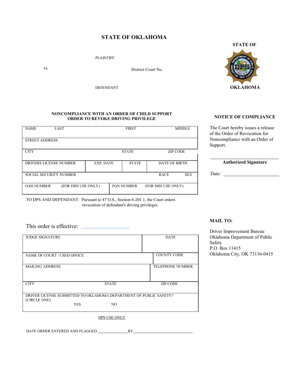Noncompliance With an Order of Child Support Order to Revoke Driving Privilege - Oklahoma, Page 3