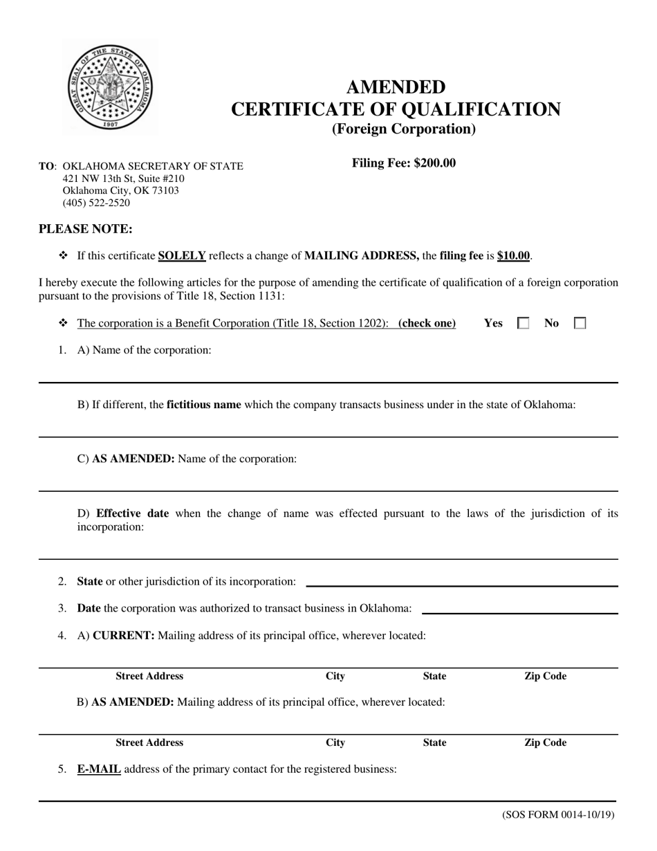 SOS Form 0014 Amended Certificate of Qualification (Foreign Corporation) - Oklahoma, Page 1