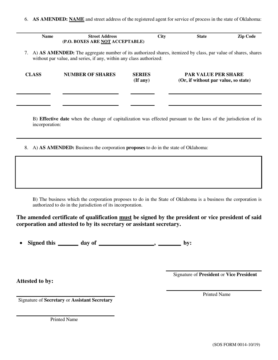 SOS Form 0014 Amended Certificate of Qualification (Foreign Corporation) - Oklahoma, Page 2