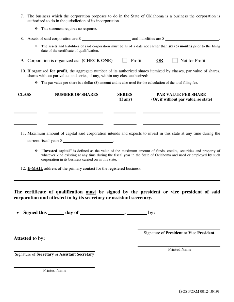 SOS Form 0012 Certificate of Qualification (Foreign Corporation) - Oklahoma, Page 4