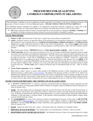 Document preview: SOS Form 0012 Certificate of Qualification (Foreign Corporation) - Oklahoma