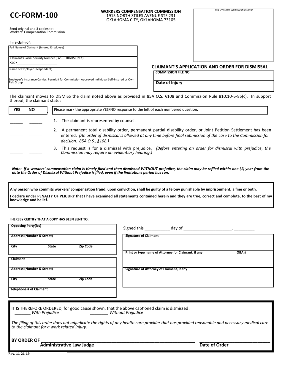 CC- Form 100 Claimants Application and Order for Dismissal - Oklahoma, Page 1
