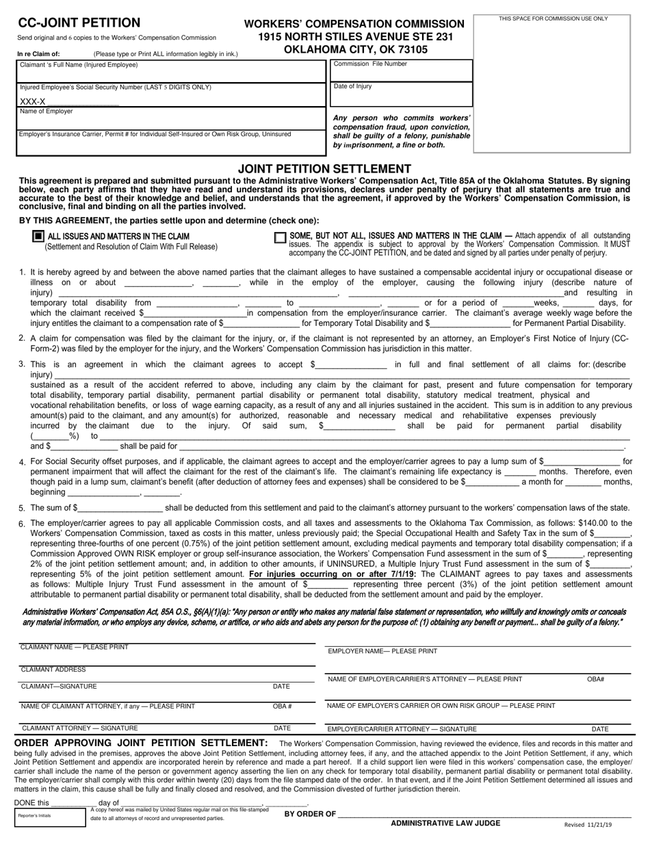 Form CC-JOINT PETITION Joint Petition Settlement - Oklahoma, Page 1