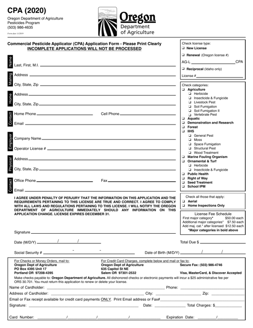 Commercial Pesticide Applicator (CPA) Application Form - Oregon Download Pdf