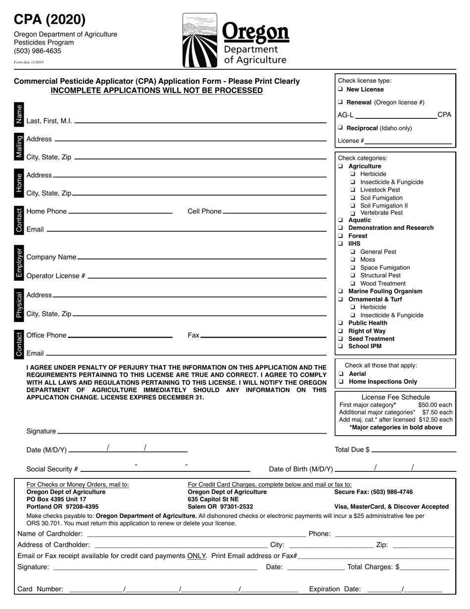 2020 Oregon Commercial Pesticide Applicator (CPA) Application Form