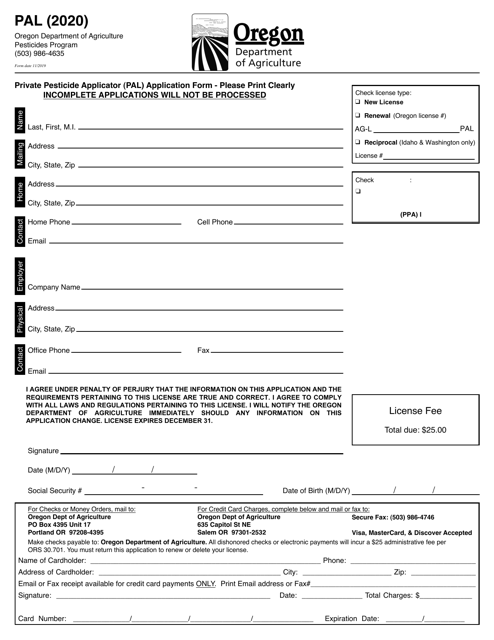 Private Pesticide Applicator (Pal) Application Form - Oregon Download Pdf