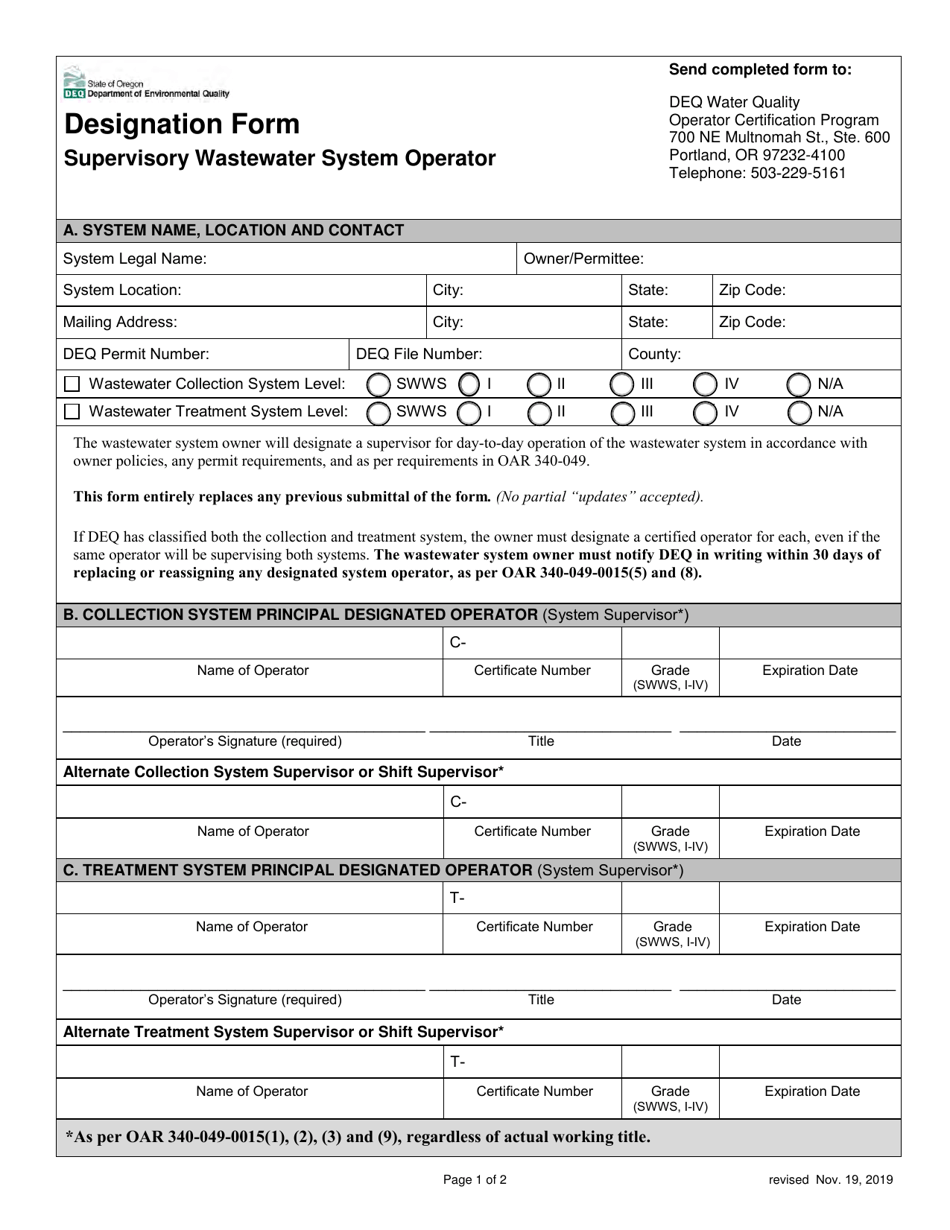 Designation Form Supervisory Wastewater System Operator - Oregon, Page 1