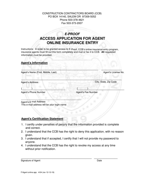 E-Proof Application for Online Insurance Entry Access - Oregon Download Pdf