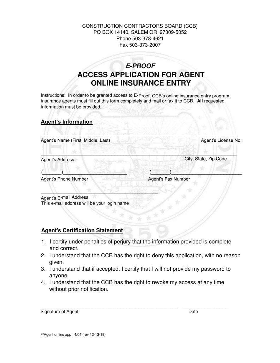 E-Proof Application for Online Insurance Entry Access - Oregon, Page 1