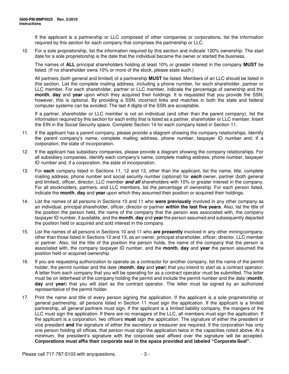 Instructions for Form 5600-PM-BMP0025 Mining License, Contract Operator Approval and Ownership and Control Registration - Pennsylvania, Page 3