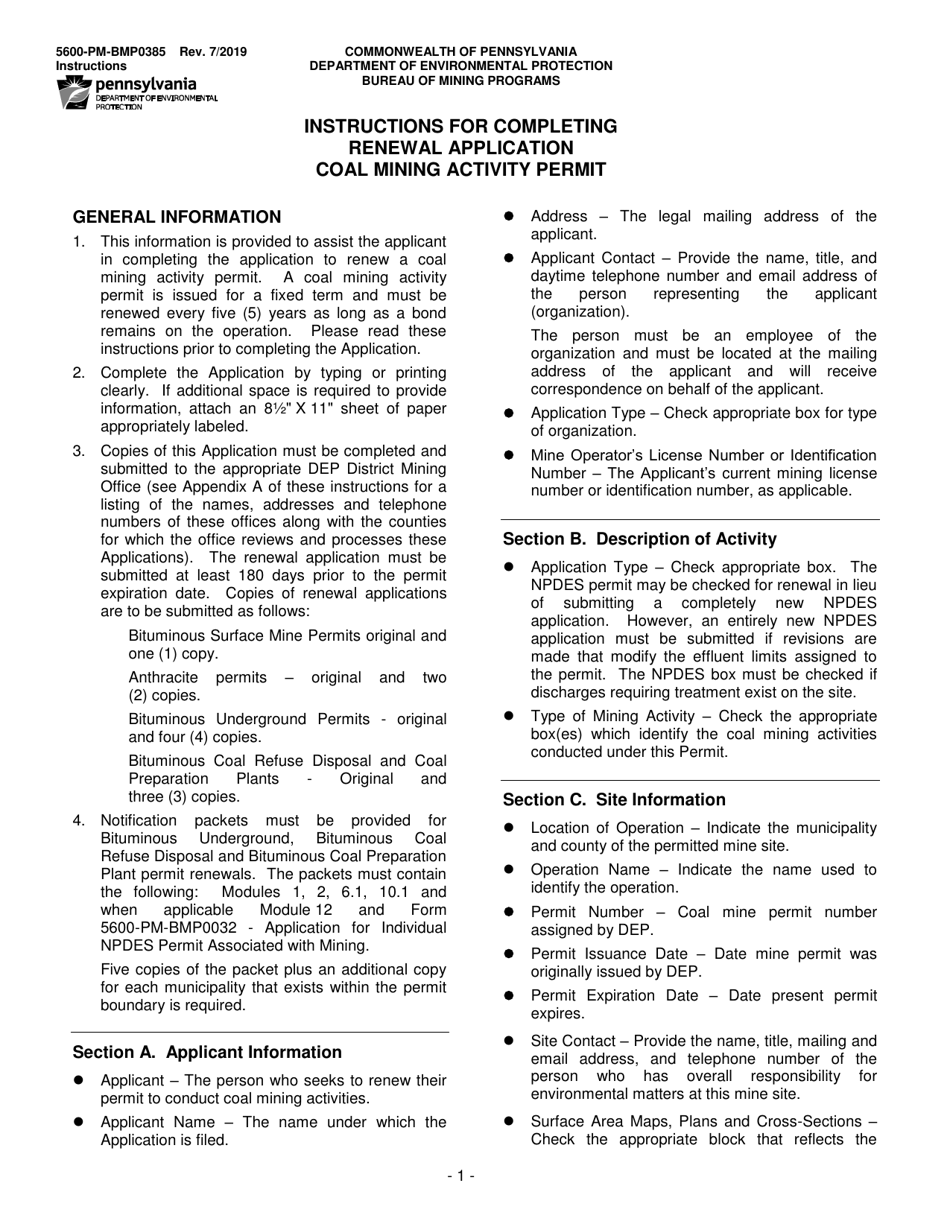 Form 5600-PM-BMP0385 Renewal Application Coal Mining Activity Permit - Pennsylvania, Page 1