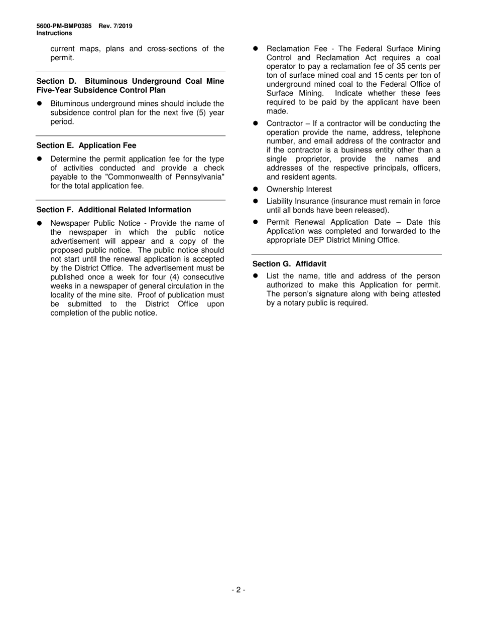 Form 5600-PM-BMP0385 Renewal Application Coal Mining Activity Permit - Pennsylvania, Page 2
