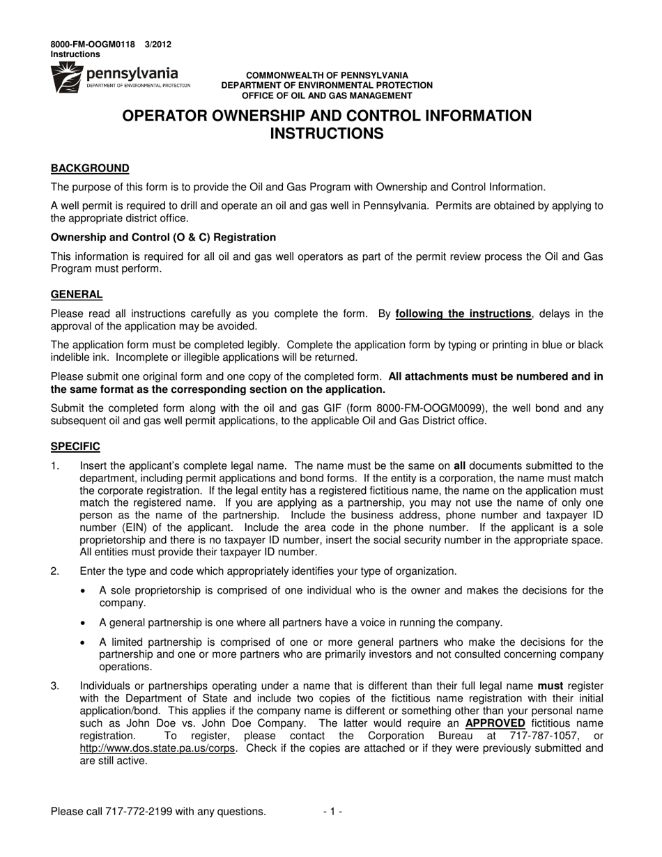 Instructions for Form 8000-FM-OOGM0118 Operator Ownership and Control Information - Pennsylvania, Page 1