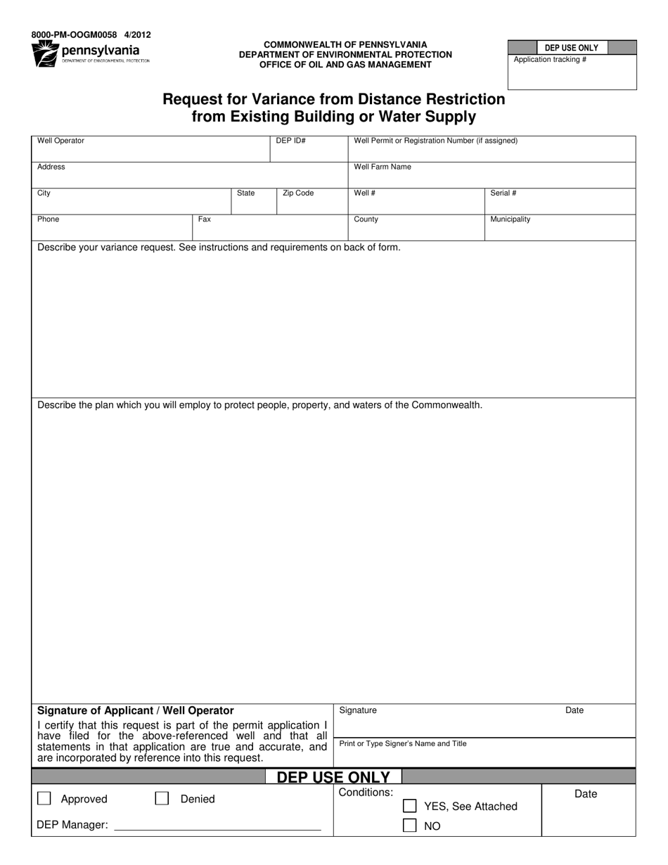 Form 8000-PM-OOGM0058 Request for Variance From Distance Restriction From Existing Building or Water Supply - Pennsylvania, Page 1