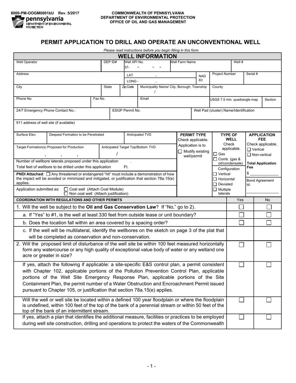 Form 8000-PM-OOGM0001BU Permit Application to Drill and Operate an Unconventional Well - Pennsylvania, Page 1