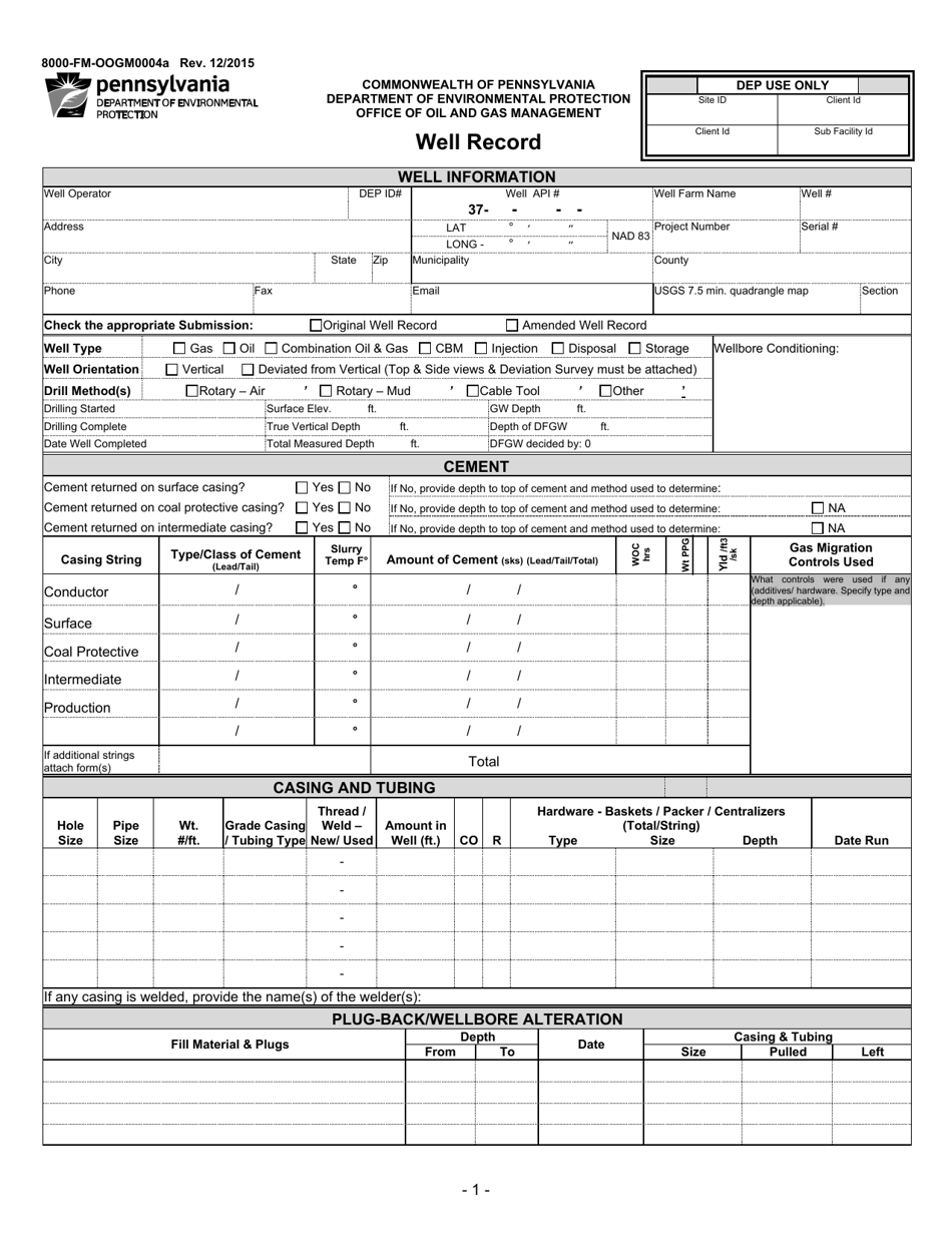 Form 8000-FM-OOGM0004A Well Record - Pennsylvania, Page 1