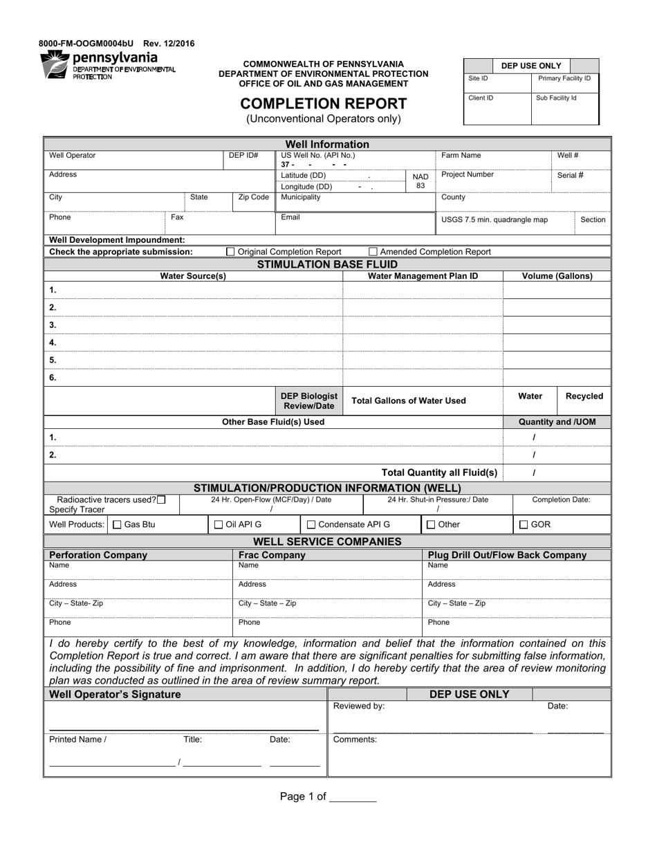 Form 8000-FM-OOGM0004BU Completion Report (Unconventional Operators Only) - Pennsylvania, Page 1
