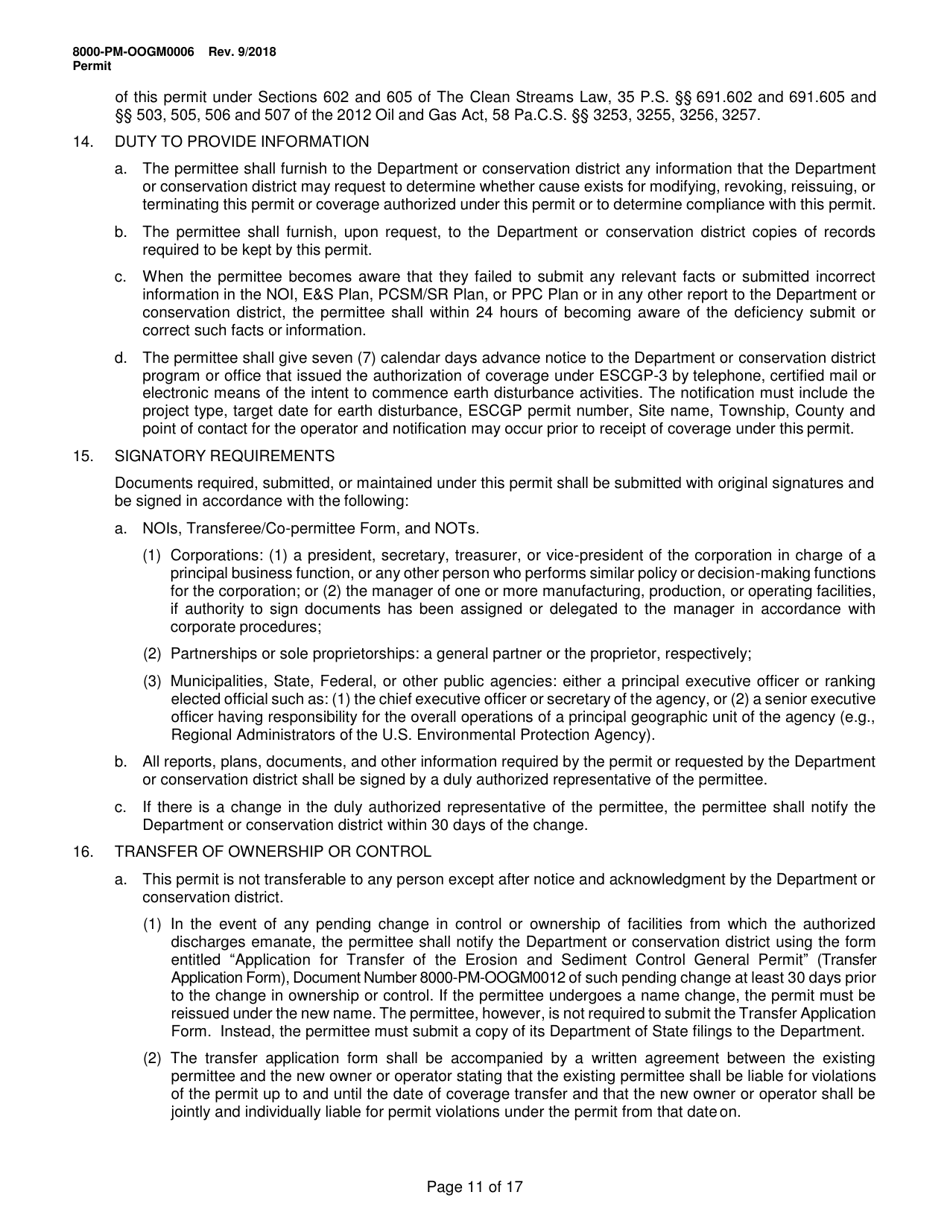 Form 8000-PM-OOGM0006 Authorization of Coverage Under the Erosion and Sediment Control General Permit (Escgp-3) for Earth Disturbance Associated With Oil and Gas Exploration, Production, Processing, or Treatment Operations or Transmission Facilities - Pennsylvania, Page 11