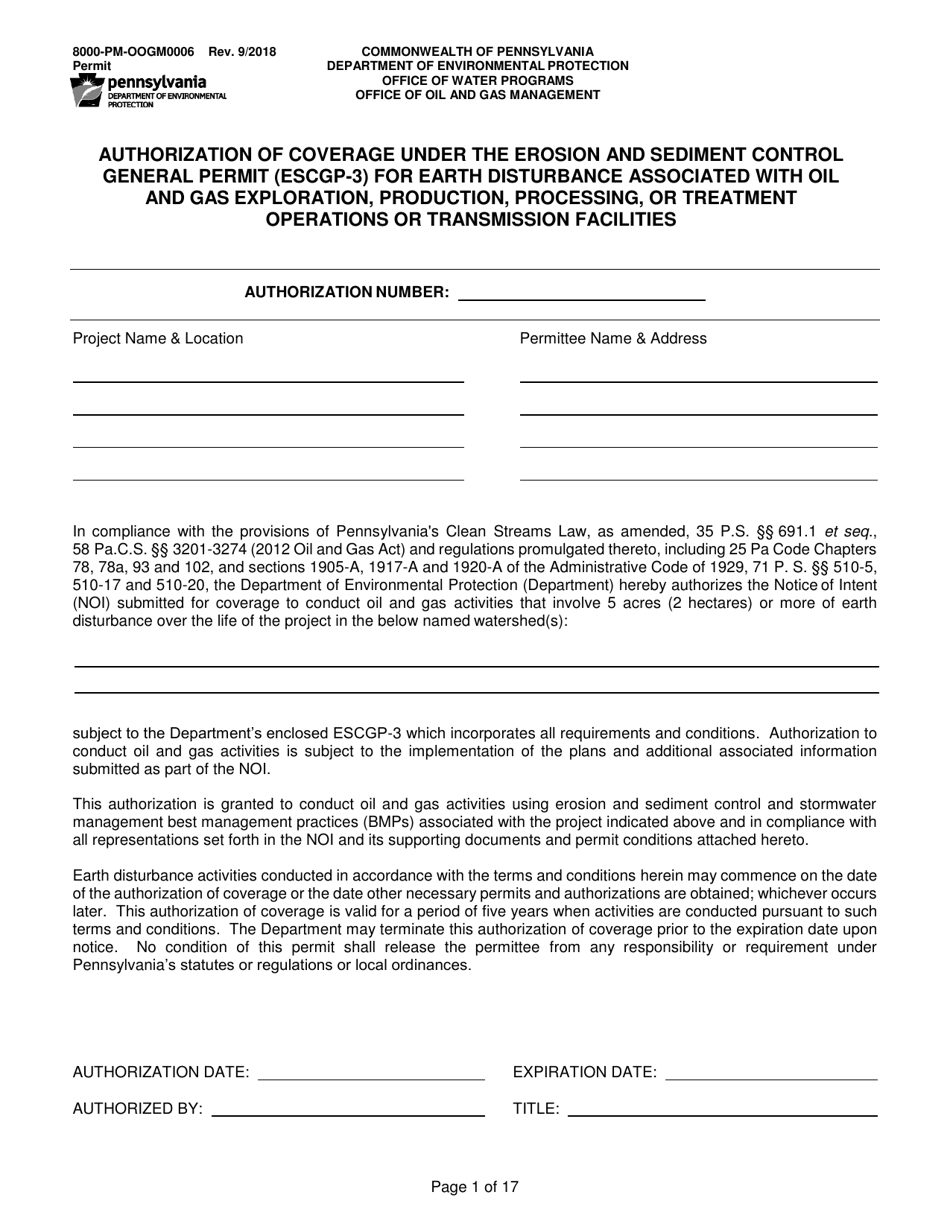 Form 8000-PM-OOGM0006 Authorization of Coverage Under the Erosion and Sediment Control General Permit (Escgp-3) for Earth Disturbance Associated With Oil and Gas Exploration, Production, Processing, or Treatment Operations or Transmission Facilities - Pennsylvania, Page 1