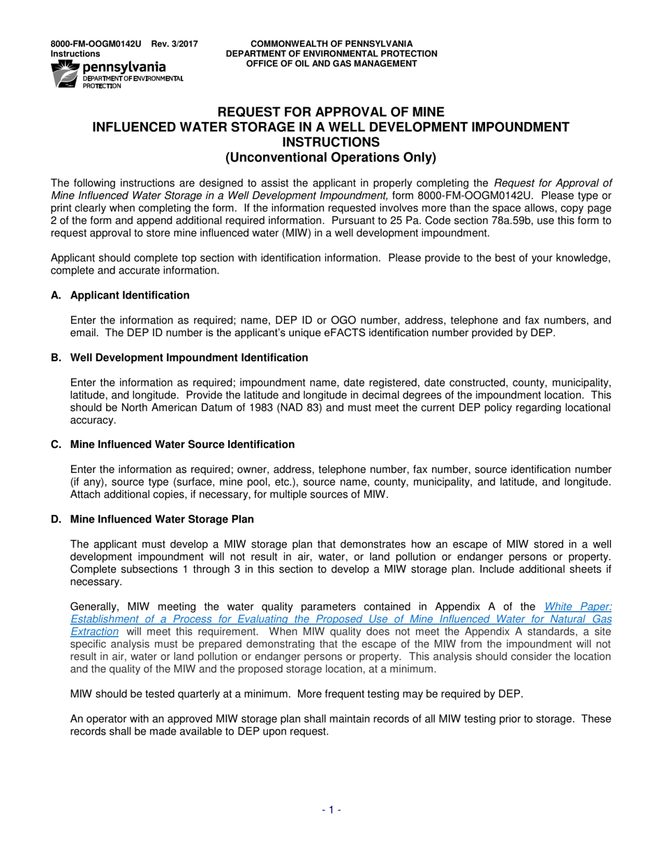 Instructions for Form 8000-FM-OOGM0142U Request for Approval of Mine Influenced Water Storage in a Well Development Impoundment (Unconventional Operations Only) - Pennsylvania, Page 1