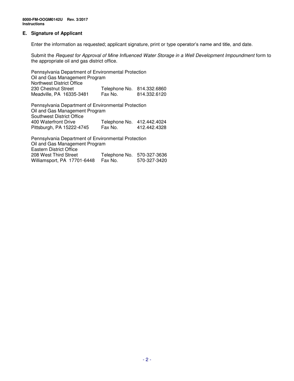 Instructions for Form 8000-FM-OOGM0142U Request for Approval of Mine Influenced Water Storage in a Well Development Impoundment (Unconventional Operations Only) - Pennsylvania, Page 2