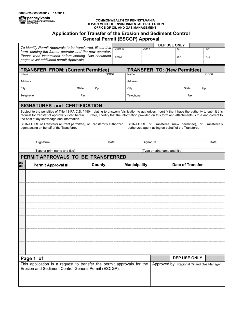 Form 8000-PM-OOGM0012 Application for Transfer of the Erosion and Sediment Control General Permit (Escgp) Approval - Pennsylvania, Page 1