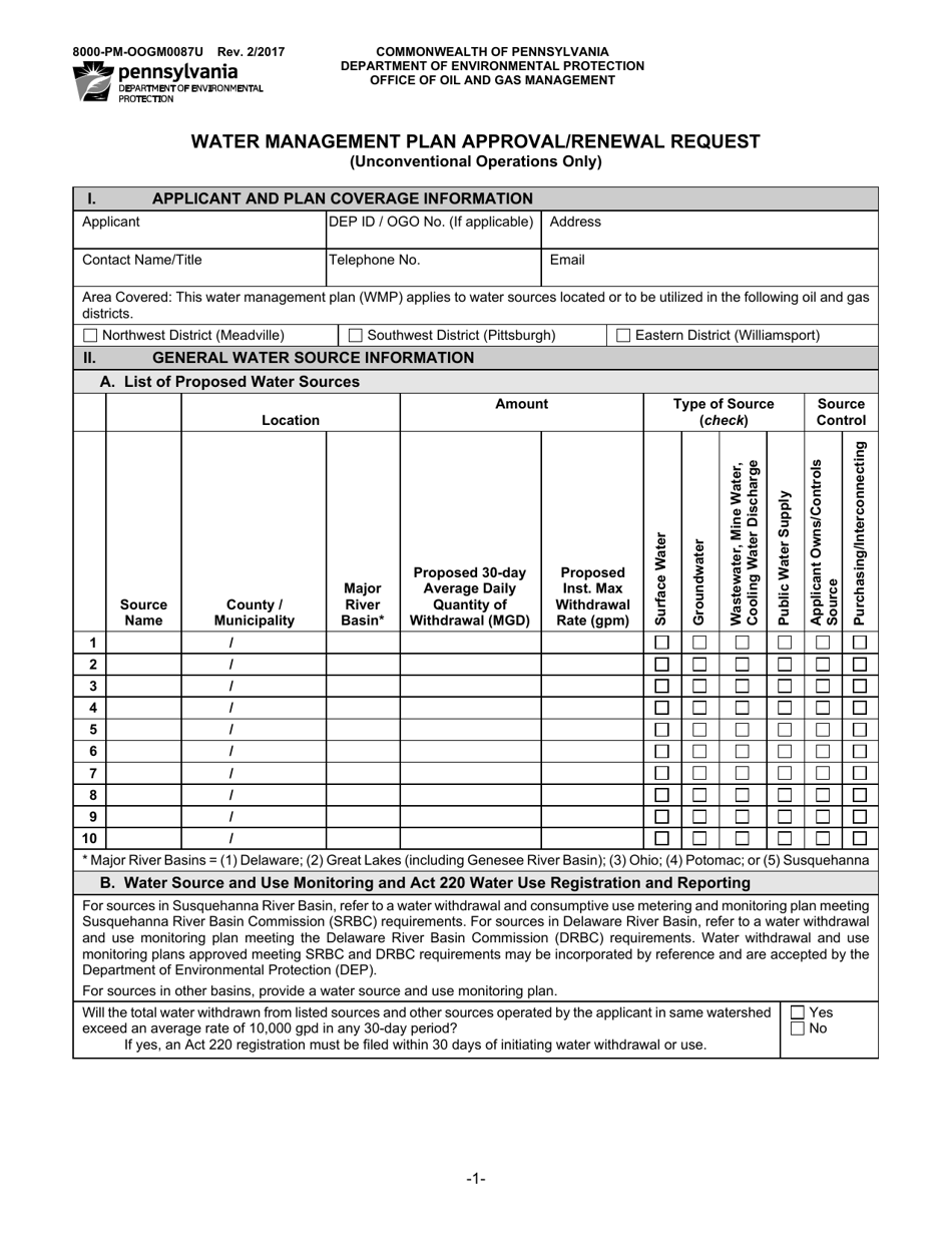 Form 8000-PM-OOGM0087U Water Management Plan Approval/Renewal Request (Unconventional Operations Only) - Pennsylvania, Page 1