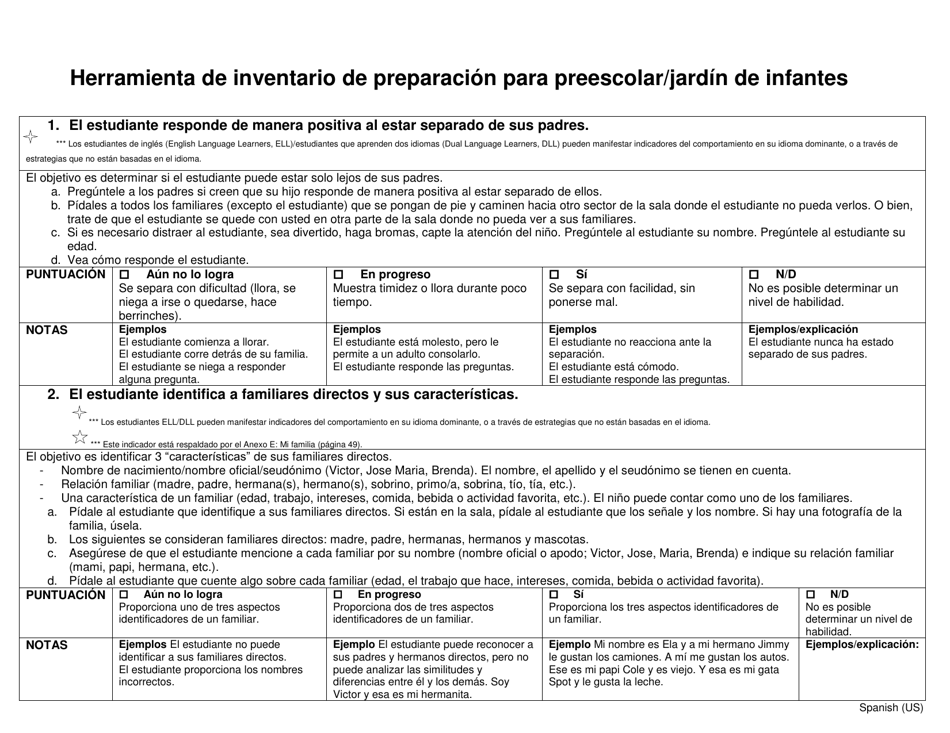 Herramienta De Inventario De Preparacion Para Preescolar / Jardin De Infantes - Pennsylvania (Spanish), Page 1