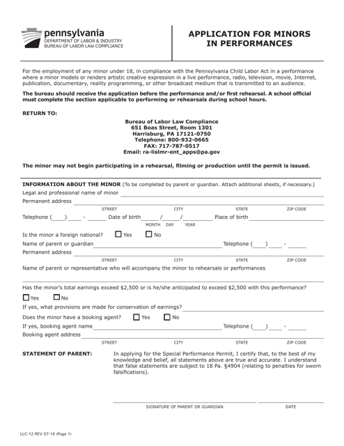Form LLC-12 Application for Minors in Performances - Pennsylvania
