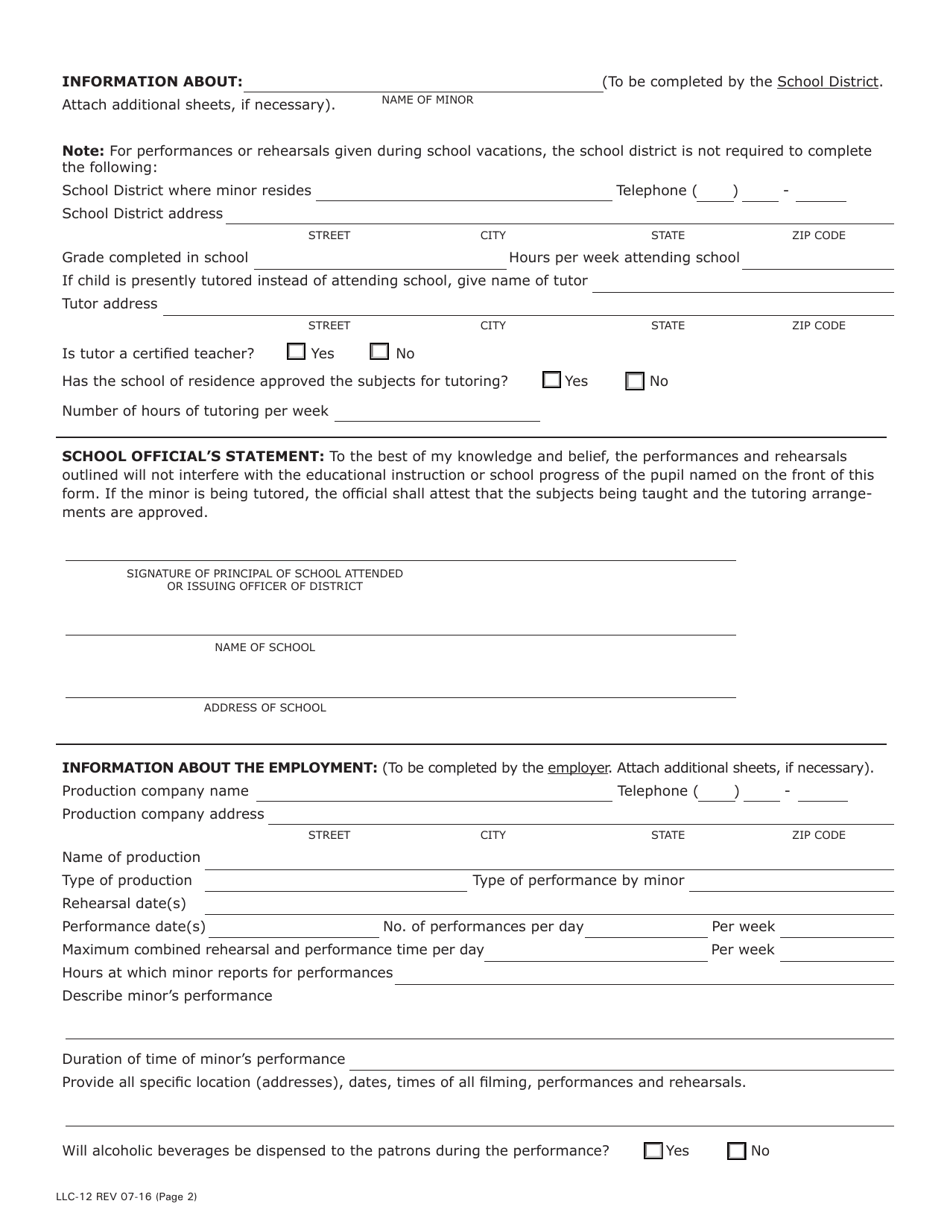 Form LLC-12 Download Fillable PDF or Fill Online Application for Minors ...