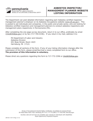 Document preview: Form LIBI-623 Asbestos Inspector/Management Planner Website Listing Information - Pennsylvania