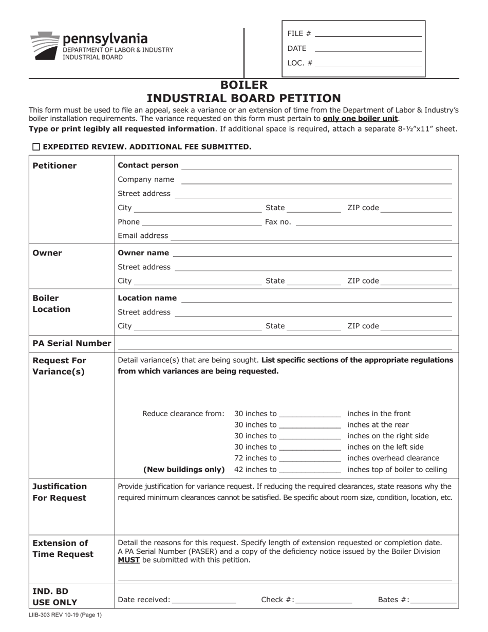 Form LIIB-303 Boiler Industrial Board Petition - Pennsylvania, Page 1