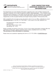 Document preview: Form LIBI-623L Lead Inspector/Risk Assessor Website Listing Information - Pennsylvania