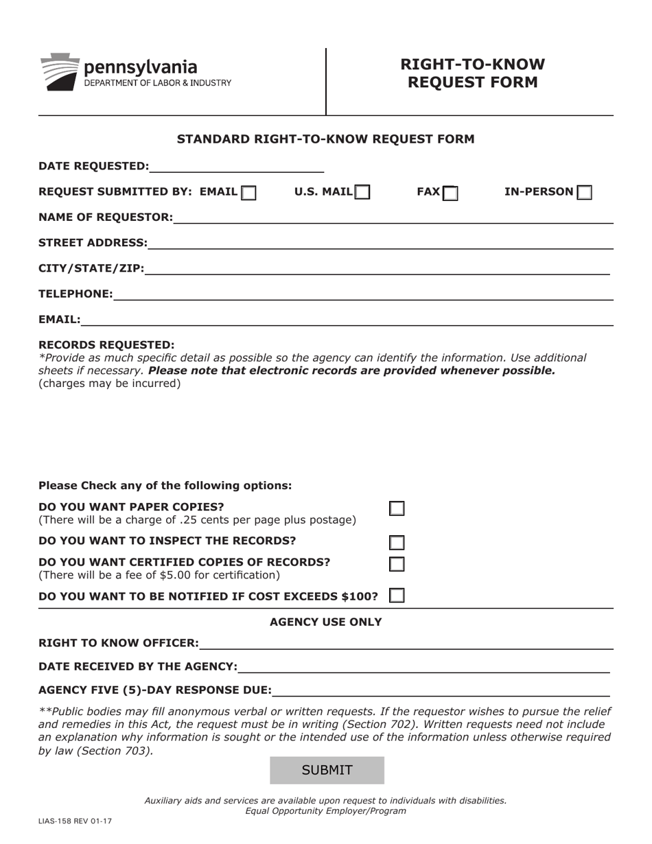 Form LIAS-158 Right-To-Know Request Form - Pennsylvania, Page 1