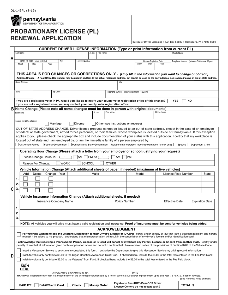Form DL-143PL Probationary License (Pl) Renewal Application - Pennsylvania, Page 1