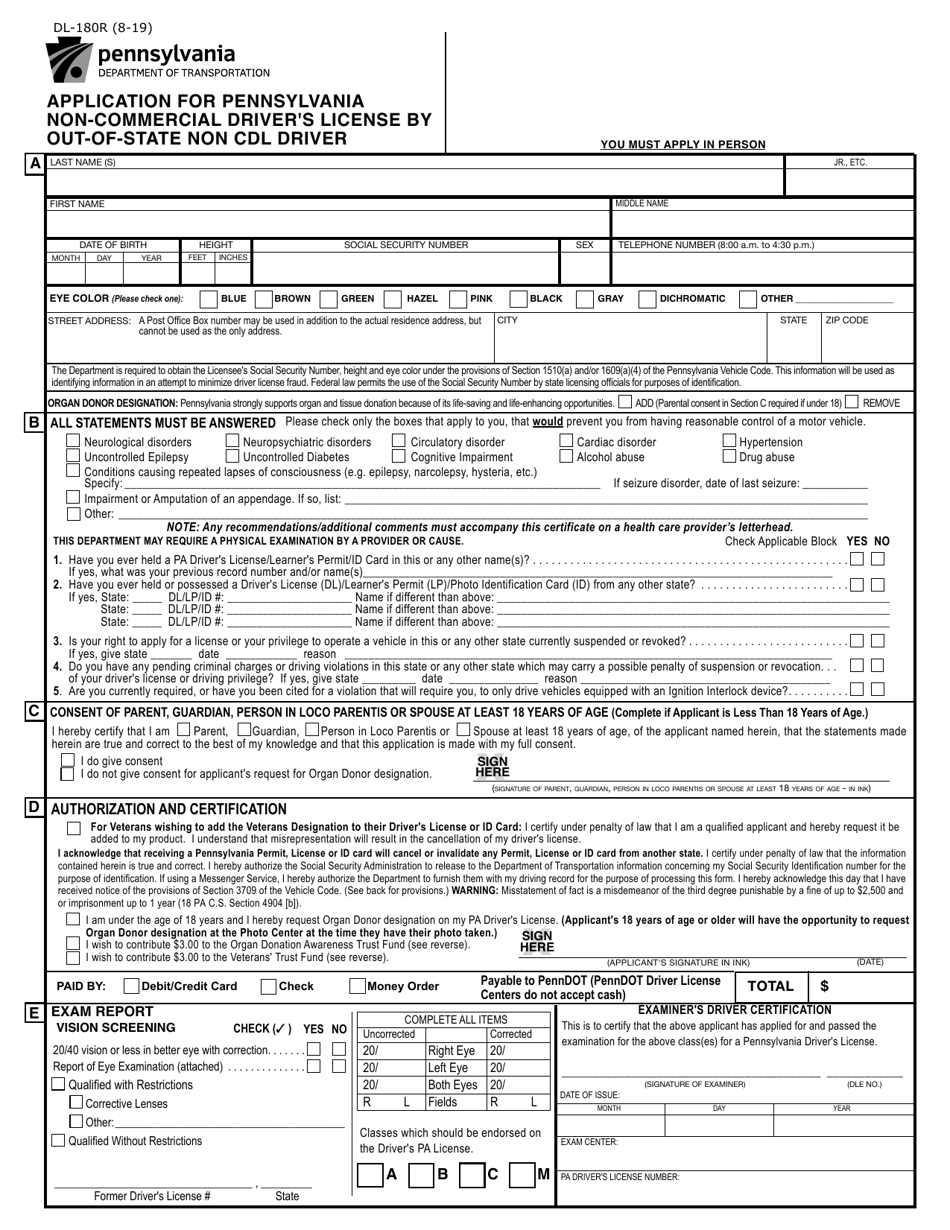Form DL-180R Application for Pennsylvania Non-commercial Drivers License by Out-of-State Non Cdl Driver - Pennsylvania, Page 1