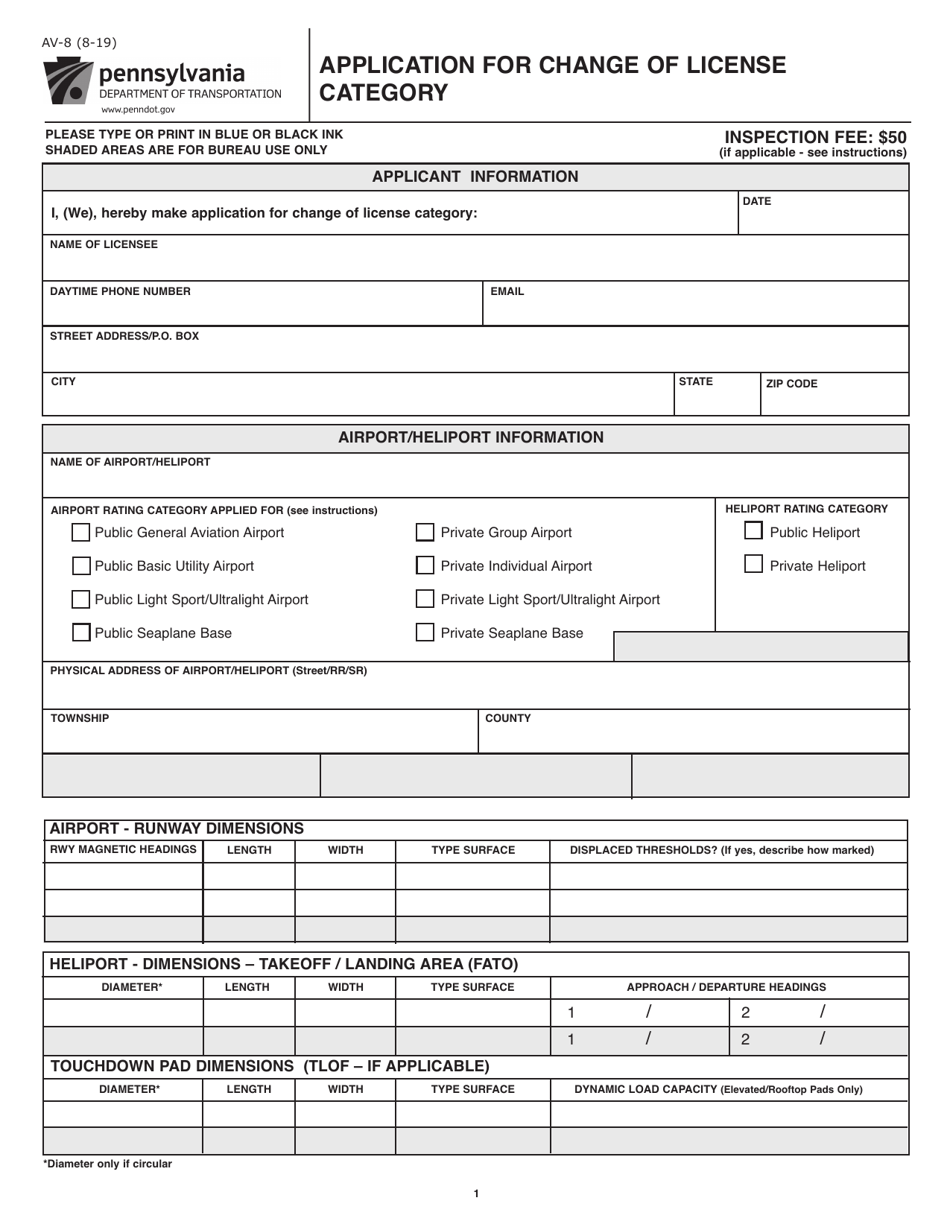 Form AV-8 Application for Change of License Category - Pennsylvania, Page 1