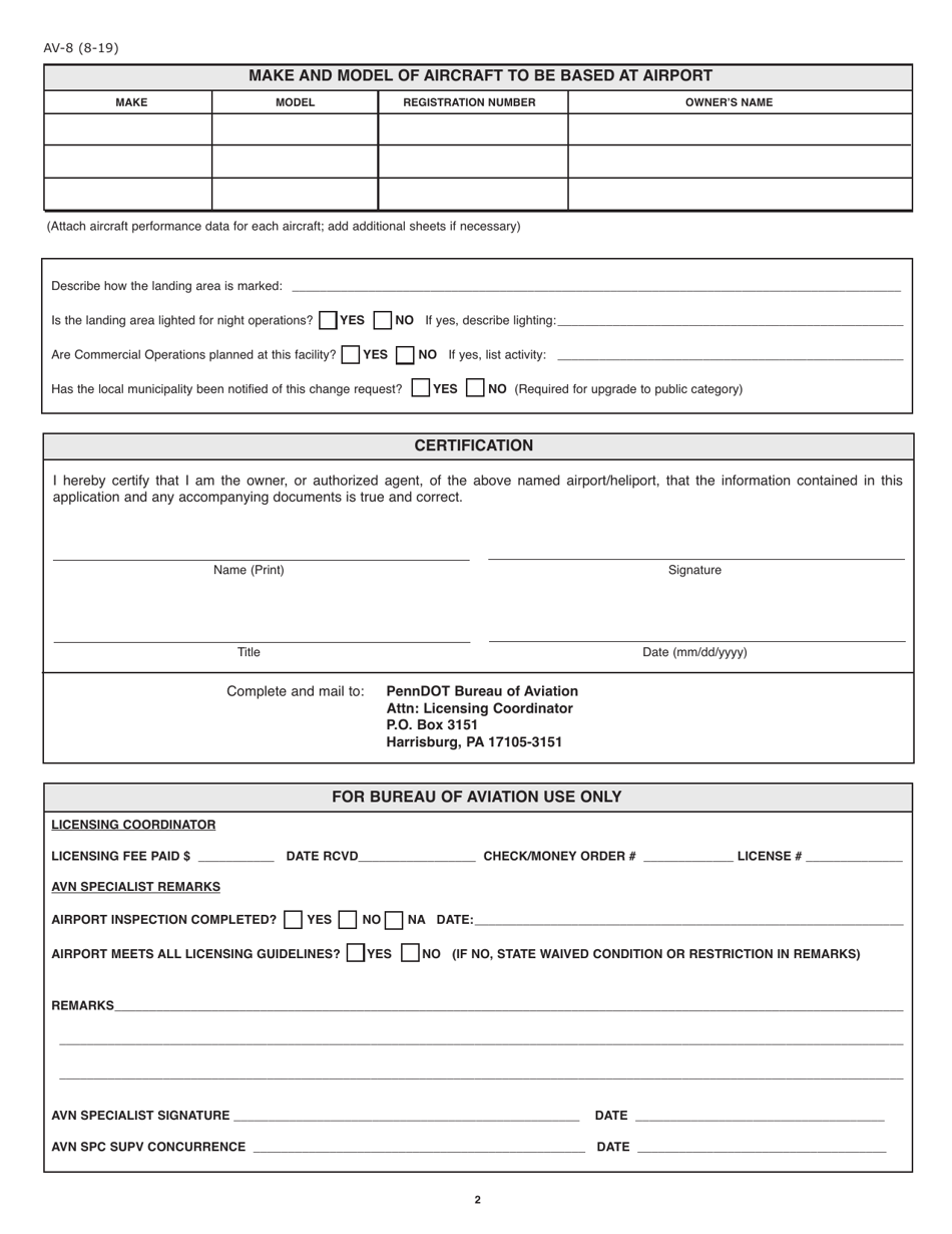 Form AV-8 Application for Change of License Category - Pennsylvania, Page 2