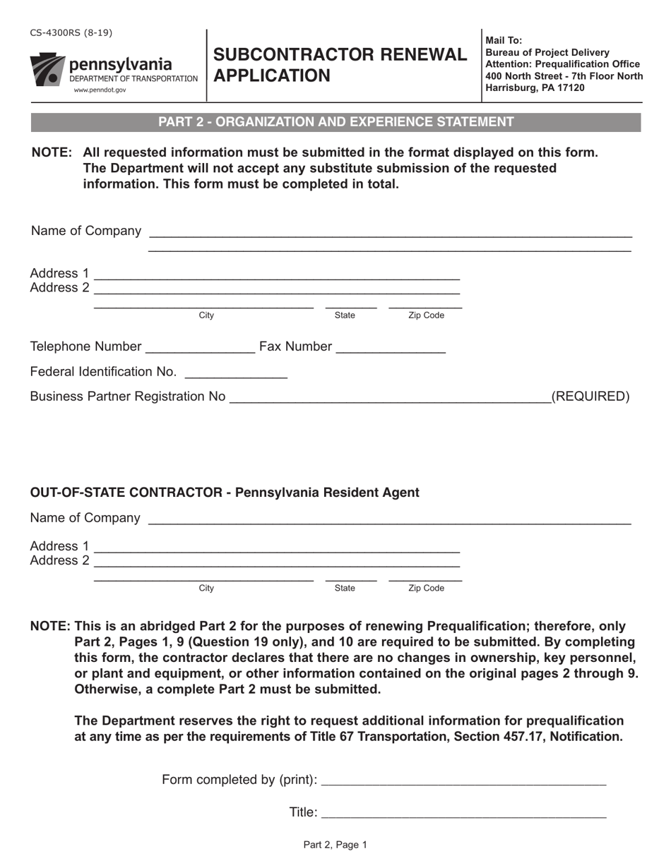 Form CS-4300RS Subcontractor Renewal Application - Pennsylvania, Page 1