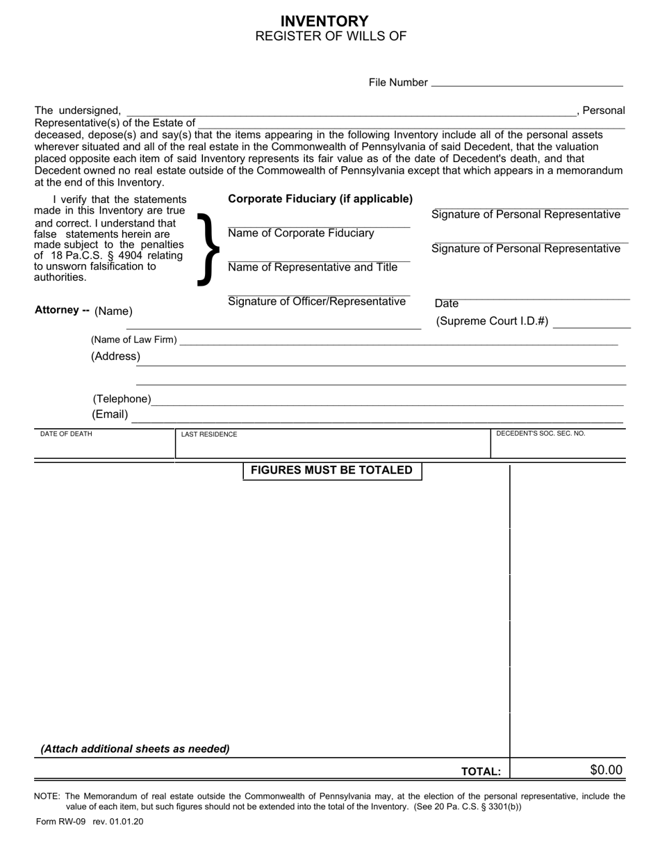Form RW-09 Inventory - Pennsylvania, Page 1