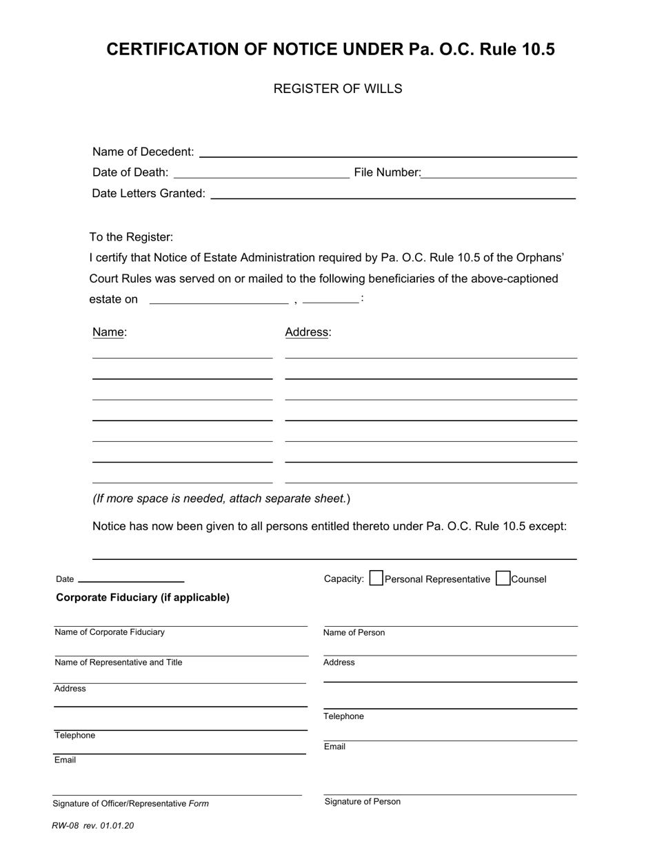 Form RW-08 Certification of Notice Under Pa. O.c. Rule 10.5 - Pennsylvania, Page 1