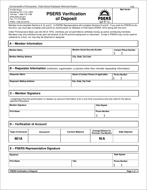 Form PSRS-1326 Psers Verification of Deposit - Pennsylvania