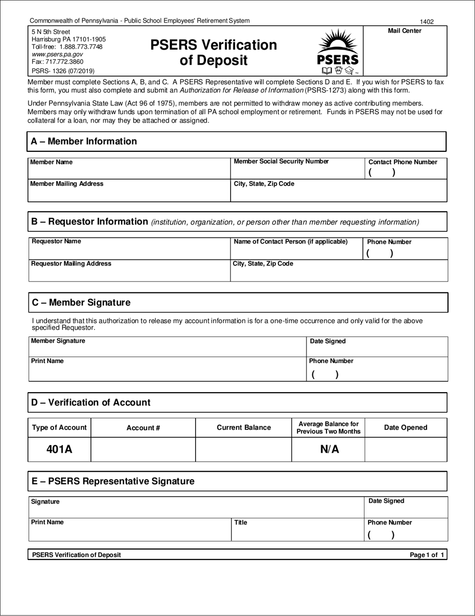 Form PSRS-1326 Psers Verification of Deposit - Pennsylvania, Page 1