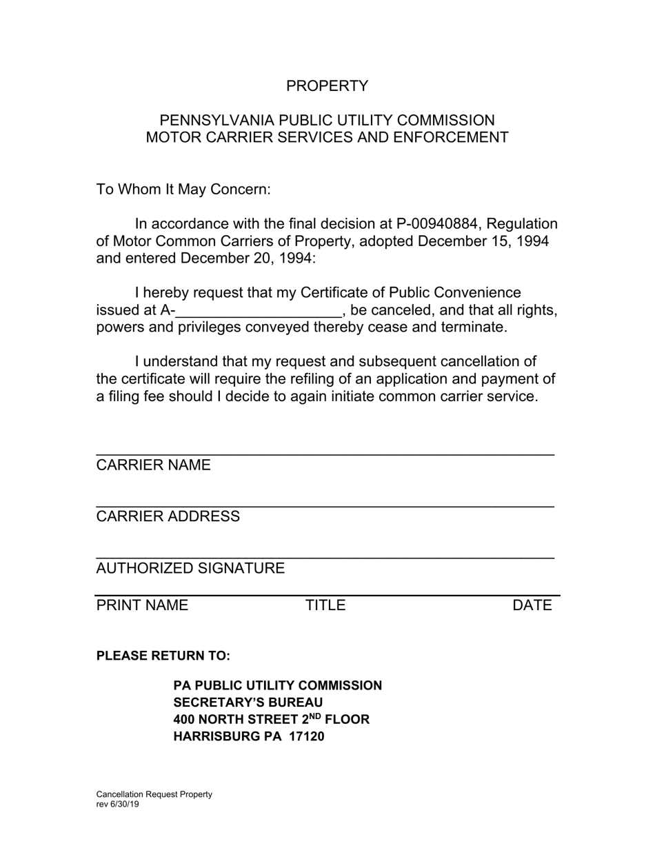 Cancellation Request Form for Property Carriers - Pennsylvania, Page 1