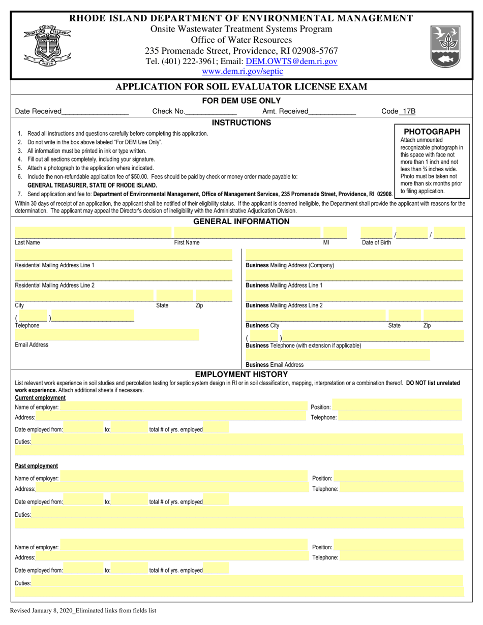Application for Soil Evaluator License Exam - Rhode Island, Page 1