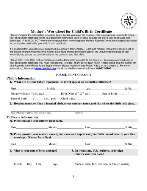 Mother's Worksheet for Child's Birth Certificate - Rhode Island Download Pdf