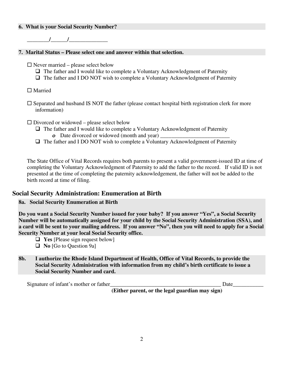 Mothers Worksheet for Childs Birth Certificate - Rhode Island, Page 2