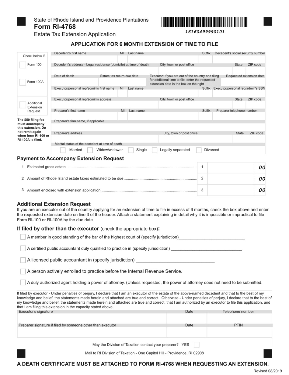 Form RI-4768 Estate Tax Extension Application - Rhode Island, Page 1