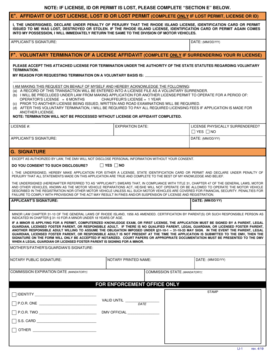 Form LI-1 Application for License, Identification Card and Permit - Rhode Island, Page 2