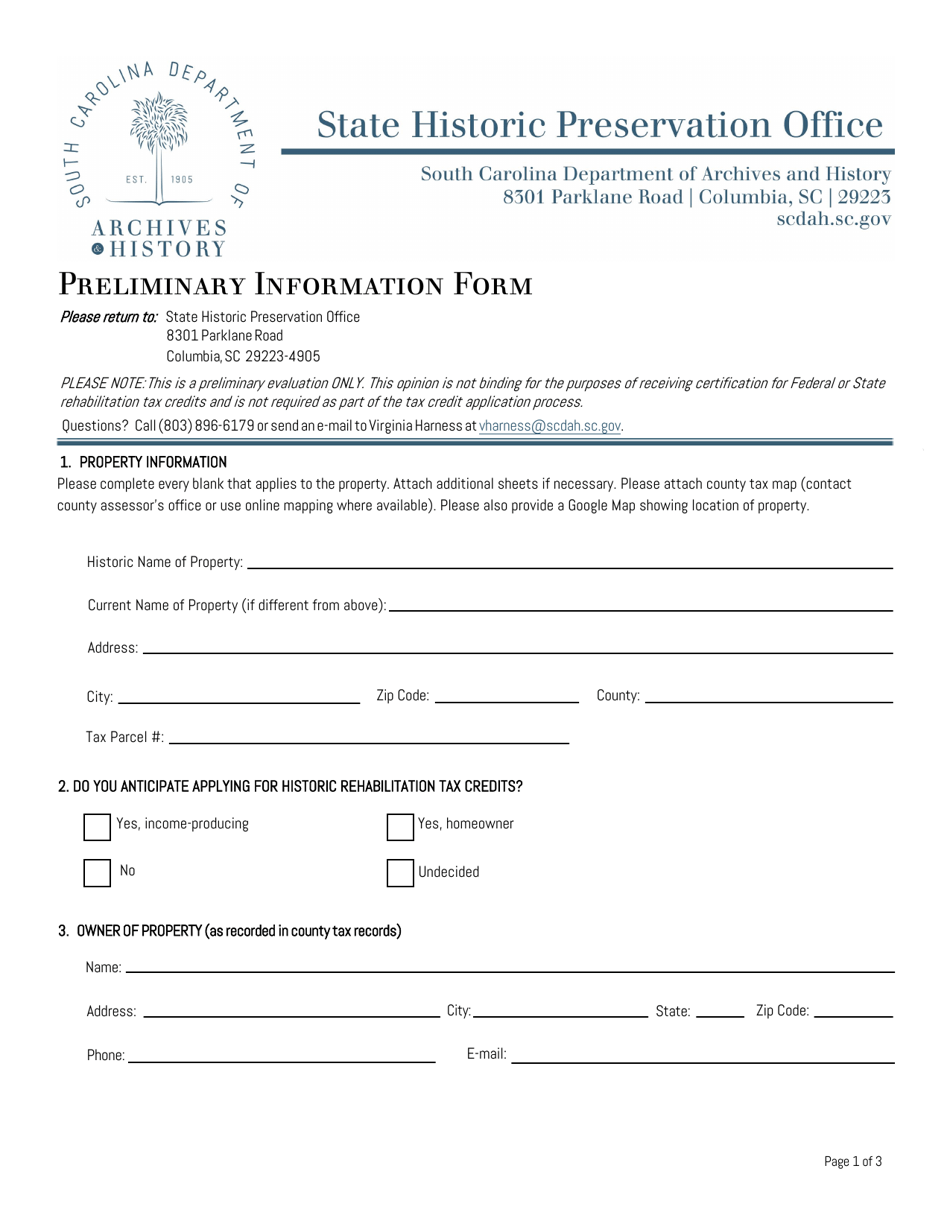Preliminary Information Form - South Carolina, Page 1